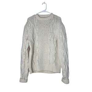 Vintage Handmade 90s Fisherman Cable Knit Wool Aran Sweater size L XL Cream